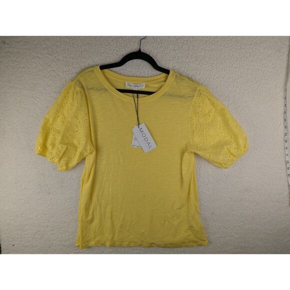 Chelsea & Theodore Womens Short Bell Sleeves Yellow Embellished Top Size L - Picture 1 of 8